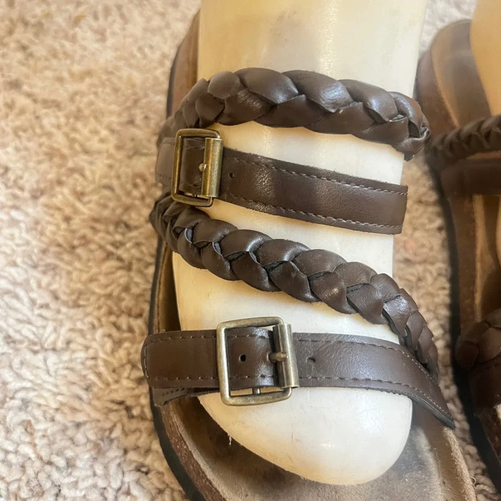 Braided Strap‎ Brown Sandals Buckle Accents Comfortable Slides Casual Shoes